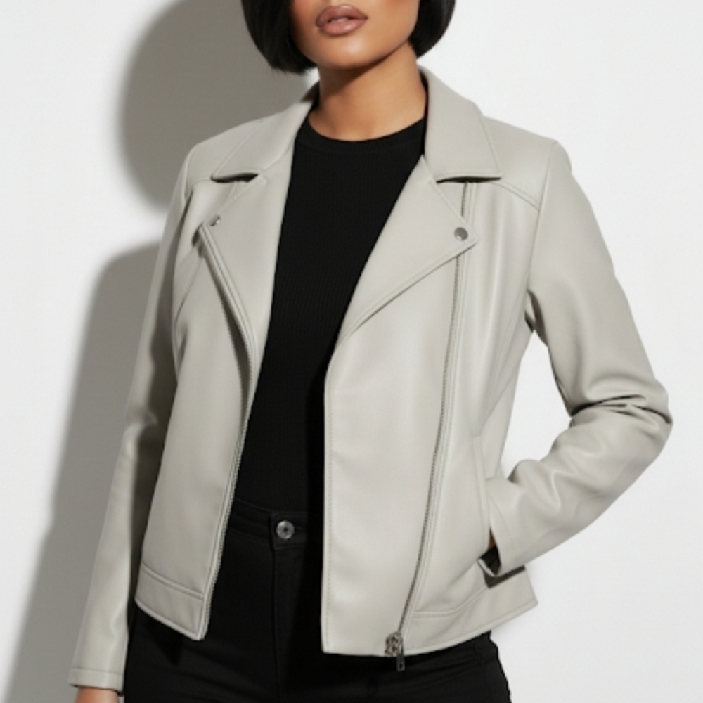 NWOT Ana A New Approach Vegan Leather Jacket XL Light Gray Zipper Pockets